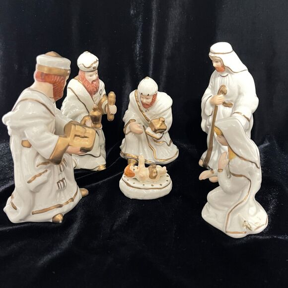VTG 6 pc Nativity Manger Scene Glazed Porcelain White Gold trim Figurines 1990s - Picture 3 of 13